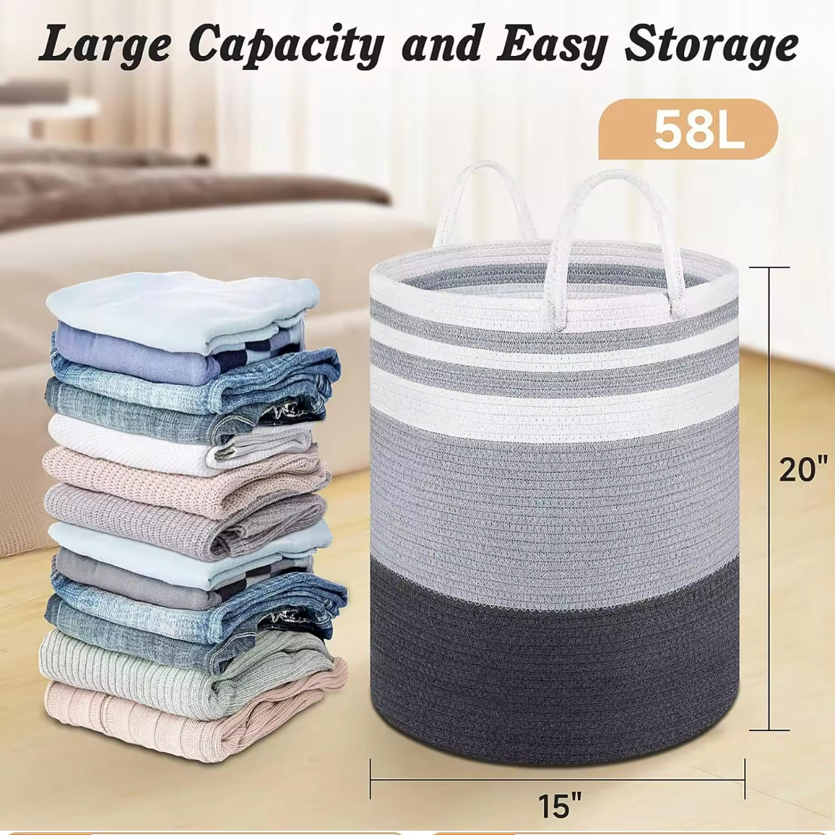 Large 15.32 gallon cylinder tote cotton laundry basket